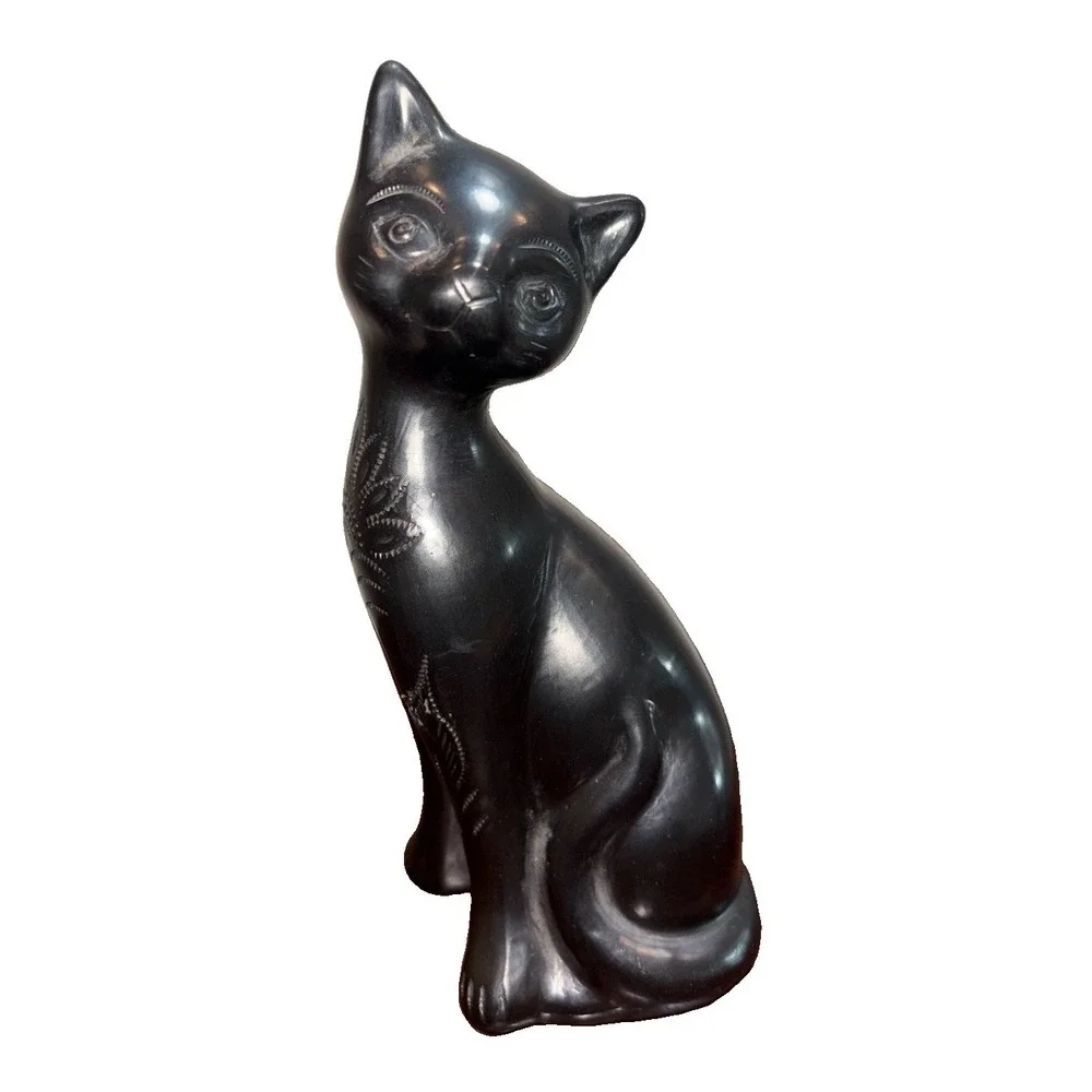 Vintage MCM Black Cat Figure Long Neck Sitting Ceramic Art Deco Mid Century